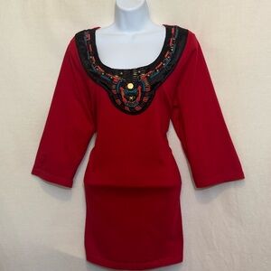 G-104 Denim 24/7 Red Beaded & Embroidered 1/2 Sleeve Pullover‎ Blouse Size L